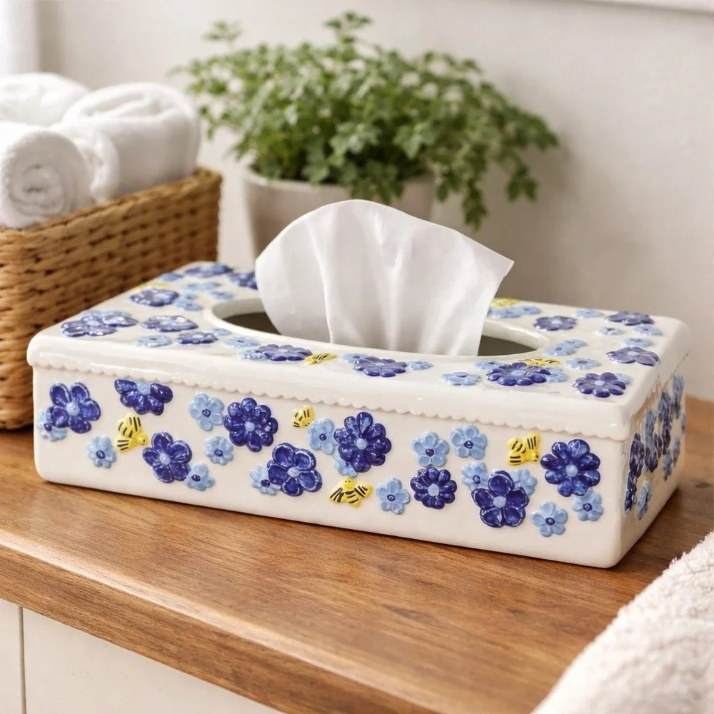 Blue‎ White Floral Bee Ceramic Tissue Box Cover Cottagecore Bathroom Decor